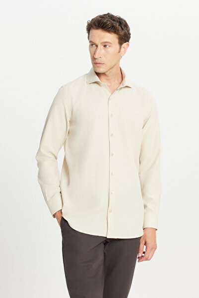 AC&Co / Altınyıldız Classics Erkek Bej Tailored Slim Fit Dar Kesim Küçük İtalyan Yaka Armürlü Oxford Gömlek