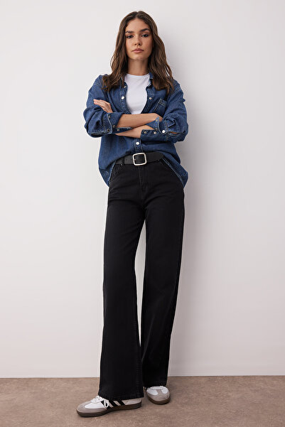 Trendyol Collection Black Wide Leg Normal Waist Jeans - Twoss25Je00056