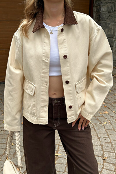 Trendyol Collection Ecru Corduroy Collar Detailed Denim Shirt Jacket Twoaw26Ce00004