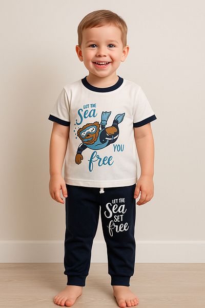 Katia&Bony Boy's Floating Teddy Bear Patterned Short Sleeve Pajama Set