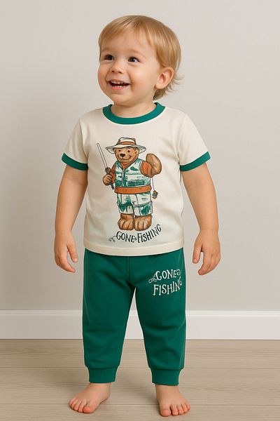 Katia&Bony Boy's Fisherman Teddy Bear Patterned Short Sleeve Pajama Set