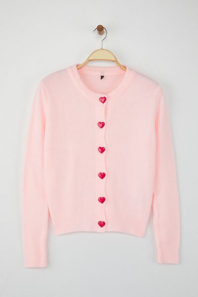 Trendyol Collection Teen Pink Soft Textured Heart Button Knitwear Cardigan Twoaw26Hi00174