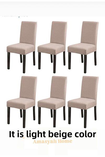AMASYALI HOME Chair Cover 6 Pieces Light Beige Bamboo Piti Square Patterned Lycra Fabric Elastic Chair Cover