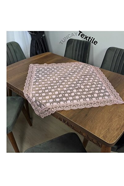 TUNCAY TEKSTİL Daisy Pattern Laced Polyester Square Fiskos Coffee Table Tablecloth French Guipure Cover Powder Pink