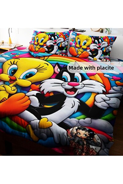 Elmas Dizayn طقم غطاء لحاف بتصميم خاص مقاس 240 × 260 سم من الساتان القطني توم وجيري والقط والطفل