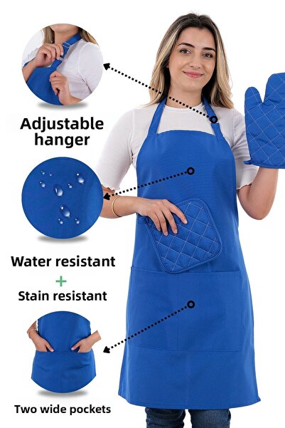 sevilya مجموعة مريلة مطبخ بسيطة مكونة من 3 قطع مع أشرطة قابلة للتعديل - قفازات، حامل