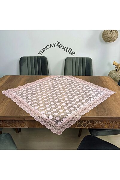 TUNCAY TEKSTİL Daisy Pattern Laced Polyester Square Fiskos Coffee Table Tablecloth French Guipure Cover Powder Pink