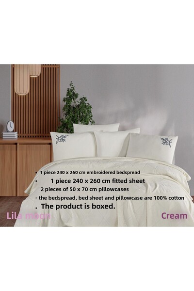 Beğenal 100% Cotton Beğenal Premium Cream Colored Double Embroidered Pique Set