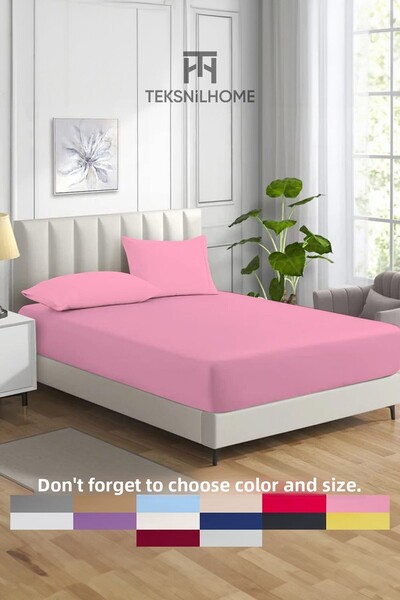 TeksNil Home ملاءة سرير فردية/مزدوجة مطاطية من القطن باللون الوردي من Ranforc...