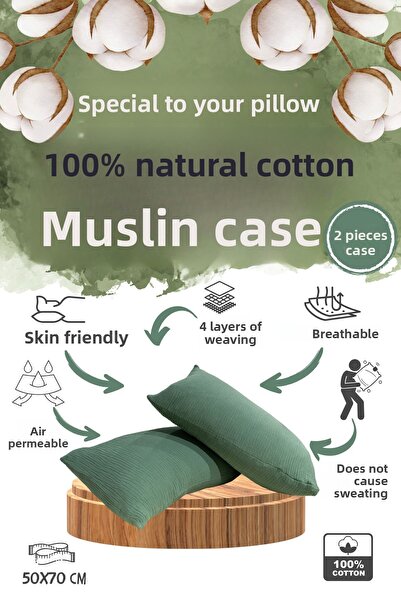 OTEXSA Khaki Green 4 Layer Muslin Pillow Case (50X70Cm 2Pcs)