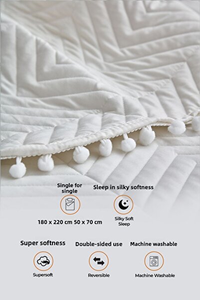 Evlen Home Collection طقم غطاء سرير فردي من القطن 100% مع كرات بوم بوم، طقم بيكيه مبطن محشو بلون كريمي أبيض فاتح