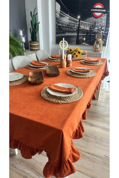Decamor home Velvet Textured Vintage Ruffled Tile Color Tablecloth Stain-Free and Easy to Clean (Not Including Nappe)
