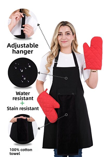 sevilya طقم مريلة مطبخ مكون من 4 قطع مع منشفة تعليق على شكل نجمة (2 قفاز)