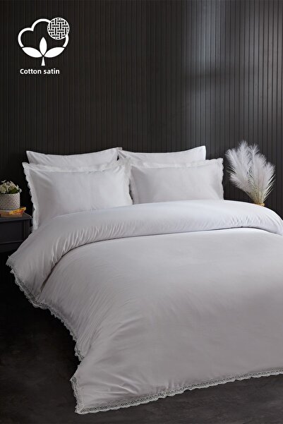 Nazik Home Asel 300 TC - طقم غطاء لحاف من القطن الساتان مع دانتيل، مقاس سوبر ...