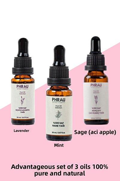 Phrau مجموعة من 3 زيوت عطرية (زيت اللافندر + زيت النعناع + زيت المريمية)