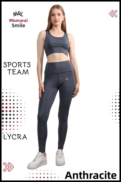 missmaral Women's Bottom Top Suit Fitness Pilates Running Sports Slm Fit Leggings Double Pocket High Waist Lycra Anthracite 3065