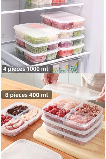 Livonelli مجموعة تخزين مكونة من 12 قطعة (8 قطع 400 مل) (4 قطع 1000 مل) 4 أقسام حاوية تخزين اللحوم والخضروات المجمدة