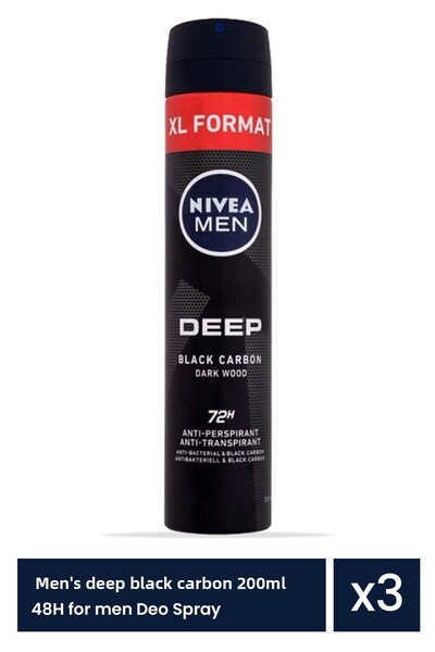 NIVEA Nivea Men Deep Black Carbon - 48ωρο αντιιδρωτικό αποσμητικό σπρέι για άνδρες 3 τεμάχια x 200ml