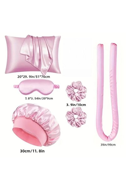 Tinybabyconcept 6 Piece Satin Sleeping Set Pillow Case Bordered Eye Mask Scrunchie Heatless Shaping Hair Roller Set