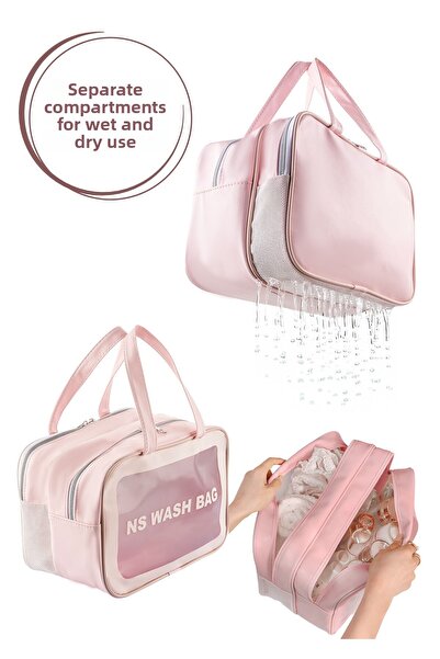 NS reliable حقيبة مكياج ومستحضرات تجميل شفافة بمقصورات مزدوجة - تخزين حمام مح...