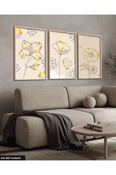 Evinemoda Drawing Flower 3 Piece Wooden Framed Painting Act