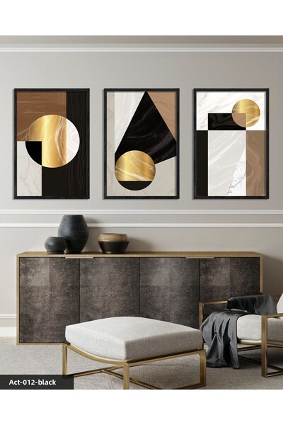 Evinemoda 3 Pieces Black Wooden Framed Painting of Gold Abstract Patterns Act