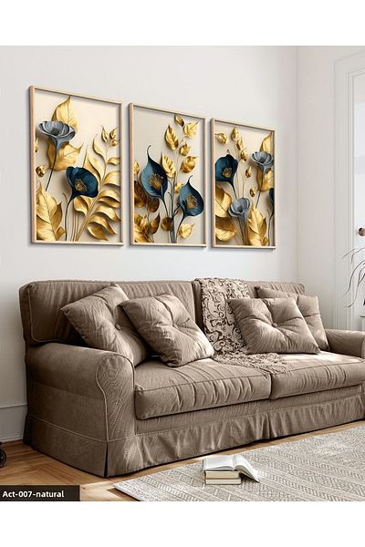 Evinemoda Elegant Gold Leaf Flowers 3 Piece Wooden Framed Painting Act