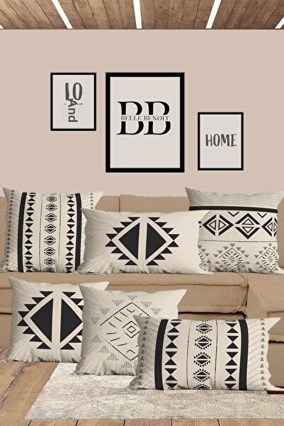 Belle Benoit Modern 6-Piece Ecru Black Throw Pillow Set - Double Sided Printed, Rectangular and Square Cover