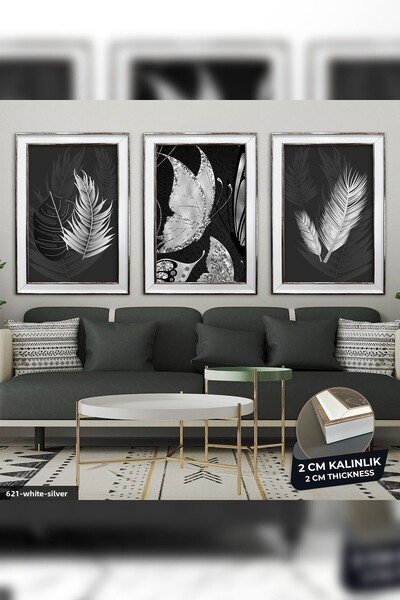 Evinemoda Silver Butterfly Leaf 3 Piece Gülenke, White Frame and Painting
