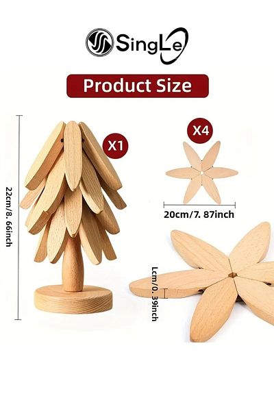 Single Set of 4 Bamboo Tree Trivets with Stand Heat Resistant Cup and Pot Bottom Folding Trivets