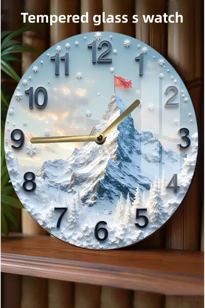kutuTR Snow Mountains and Peak Flag Design Decor! 3D Look Tempered Glass Watch – 33 cm Csdw301