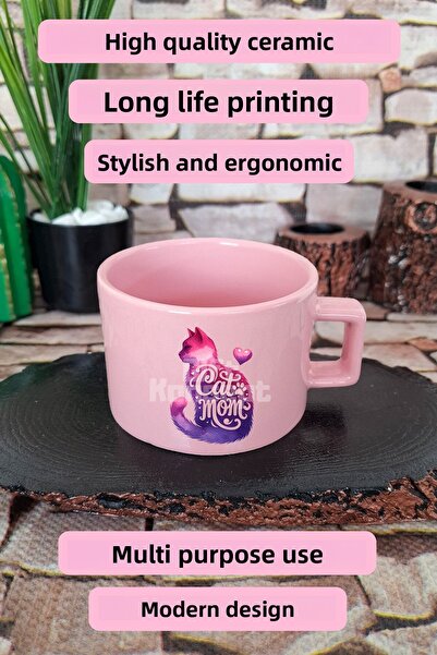 giftkonsept Cat Mom Themed Cat Mother Cat Lover Figured Square Handled Cup Pink Mug Cup
