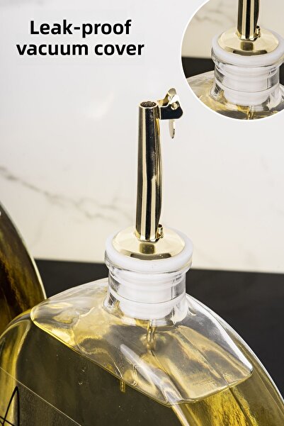 DNS HOME 2 Pieces Oval Glass Oil Pot with Wooden Stand Gold Cover Sunflower Oil Olive Oil Label Sauce Bowl Vinegar Bowl