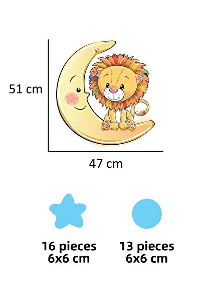 Tilki Dünyası Cute Lion on the Moon Blue Stars And Polka Dots Kids Room Wall Sticker