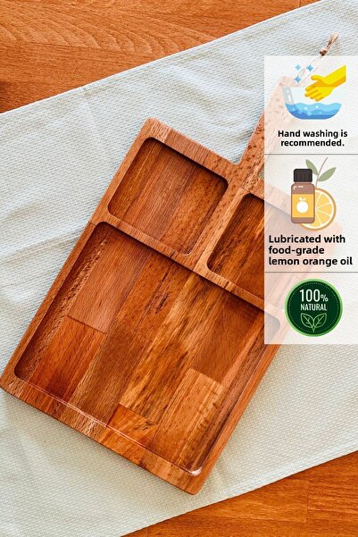 justwood Neper Natural Wood - 3 Compartment Beech, Cheese Cookie Fruit Breakfast Presentation Plate, 47x26 Cm