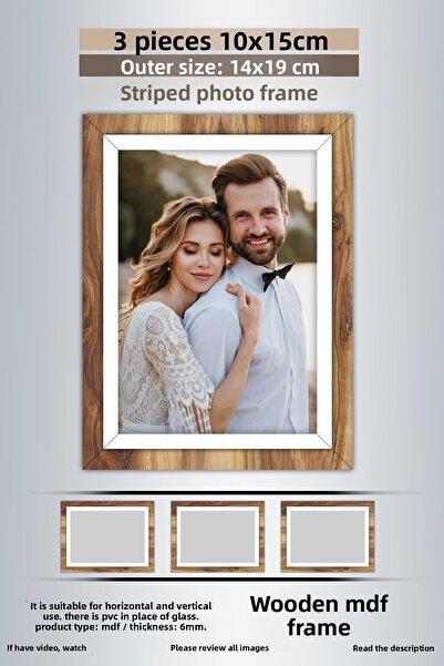 Bytwo 3 Pieces 10X15 Frame - Wooden-White Striped Frame - Mdf Frame - Pvc Photo Frame