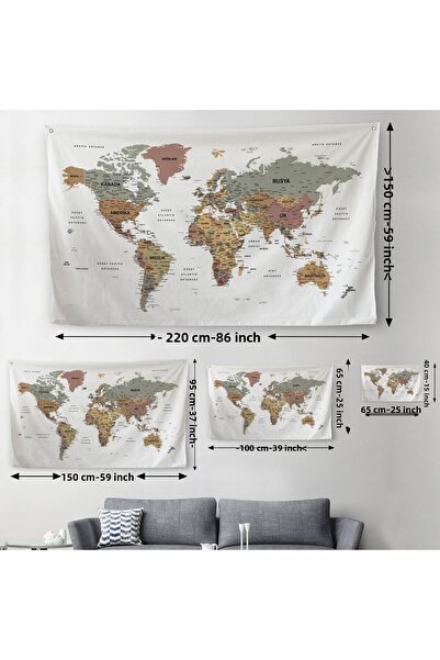 Harita Sepeti Wall Cover / Carpet Detailed Turkish Current World Map Quality Canvas Fabric-3963