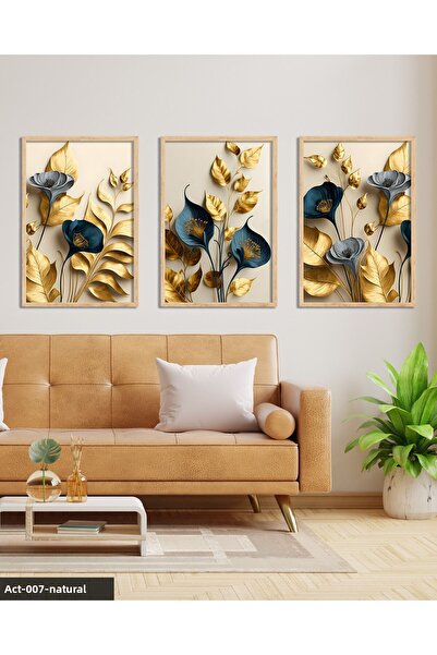 Evinemoda Elegant Gold Leaf Flowers 3 Piece Wooden Framed Painting Act