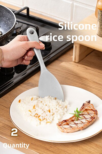 Porsima 5262-2 2 Pieces Hard Tip Silicone Rice Spoon Fireproof Non-Stick Non-Slip Rice Scoop Spoon Gray 22 cm