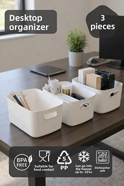 Fesya Home 3 bucăți organizator de birou, culoare albă, organizator multifuncțional din plastic