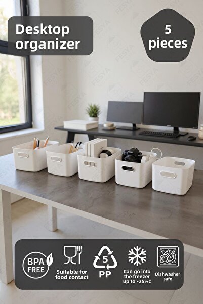 Fesya Home 5 bucăți organizator de birou, culoare albă, organizator multifuncțional din plastic