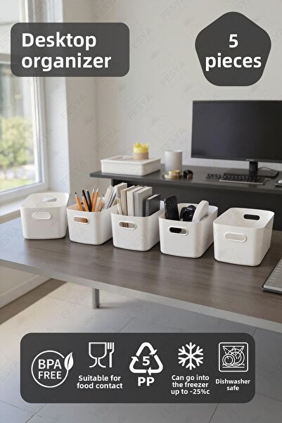 Fesya Home 5 bucăți organizator de birou, culoare albă, organizator multifuncțional din plastic