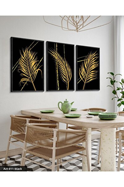 Evinemoda Gold Feather Pattern 3 Piece Black Wooden Framed Painting Act