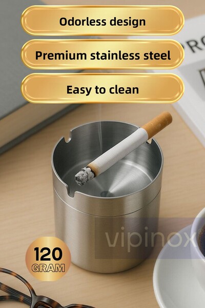 Vipinox Stainless Steel Lid Premium Odorless Ashtray Hotel Cafe Restaurant Ash Tray 120 Gr