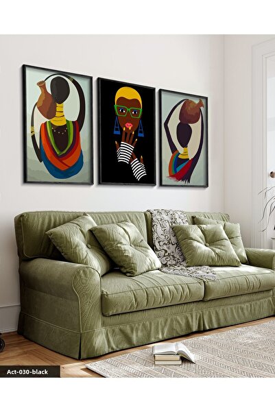 Evinemoda Ethnic African Women 3 Piece Black Wooden Framed Painting Act