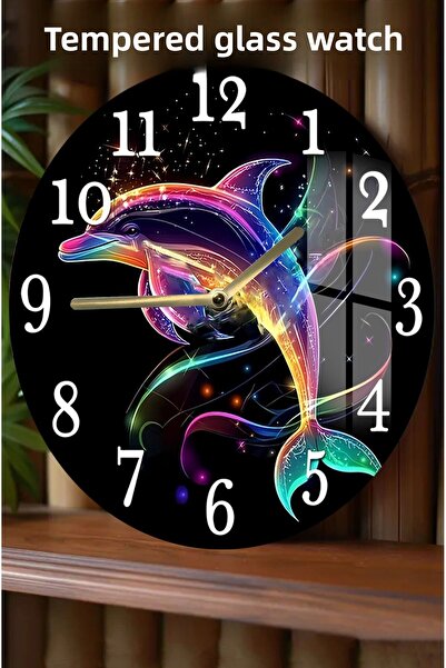 kutuTR ساعة من الزجاج المقوى بتصميم ثلاثي الأبعاد بنمط دولفين ملون - 33 سم CSDW100