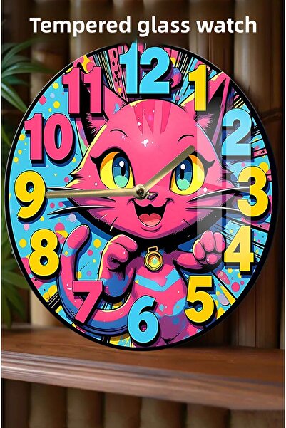 kutuTR ساعة من الزجاج المقوى بتصميم قطة ملونة وممتعة ثلاثية الأبعاد - 33 سم CSDW112