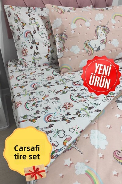 CANDAN ÇEYİZ Σετ Παπλωματοθήκη Unicorn - Παιδικό Μονό Σεντόνι με Ελαστικό και 2 Μαξιλαροθήκες Dansenin'S GIFT