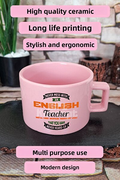 giftkonsept Never Mess with an English Teacher Printed English Teacher Square Cup with Handle Pink Mug Cup