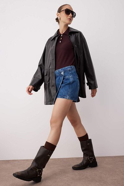 Trendyol Collection Blue Double Breasted Closure Denim Shorts Skirt Twoaw26Sr00043
